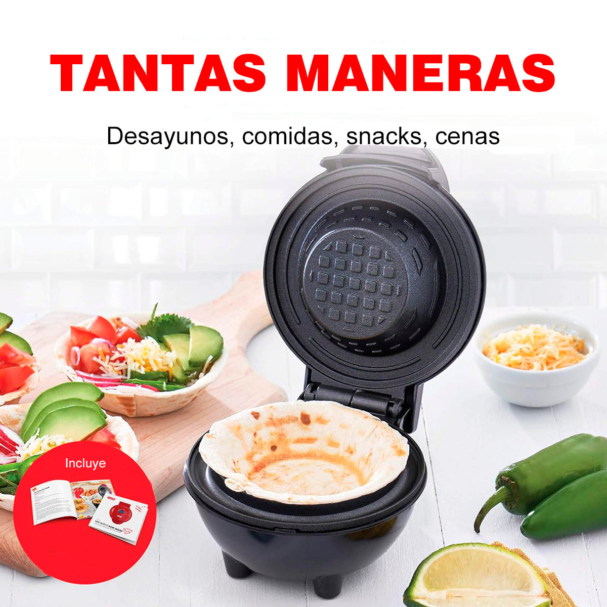 Dash Mini Waflera Tipo Bowl - 10 Cm - Antiadherente - Negro - Compacta y Portátil - Ideal para Desayunos, Regalos o Viajar - Fácil de Limpiar