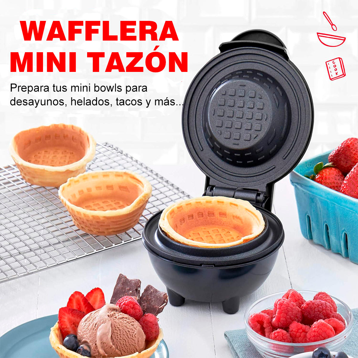 Dash Mini Waflera Tipo Bowl - 10 Cm - Antiadherente - Negro - Compacta y Portátil - Ideal para Desayunos, Regalos o Viajar - Fácil de Limpiar