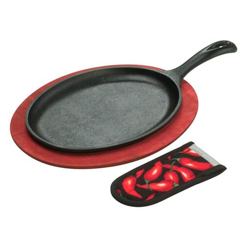 Juego de sartén ovalado y fajita con base de madera Lodge